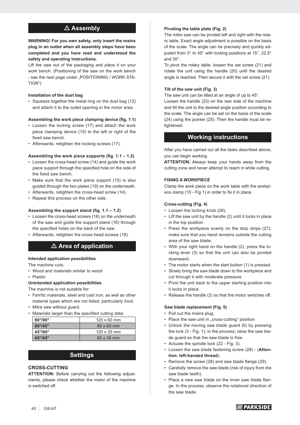 Massembly, Marea of application, Settings | Working instructions | Parkside PKS 1500 A1 User Manual | Page 45 / 64