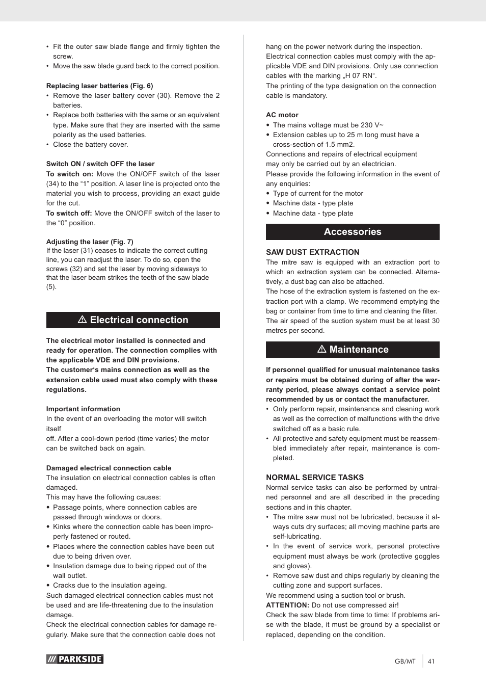 Melectrical connection, Accessories, Mmaintenance | Parkside PKS 1500 A1 User Manual | Page 46 / 64