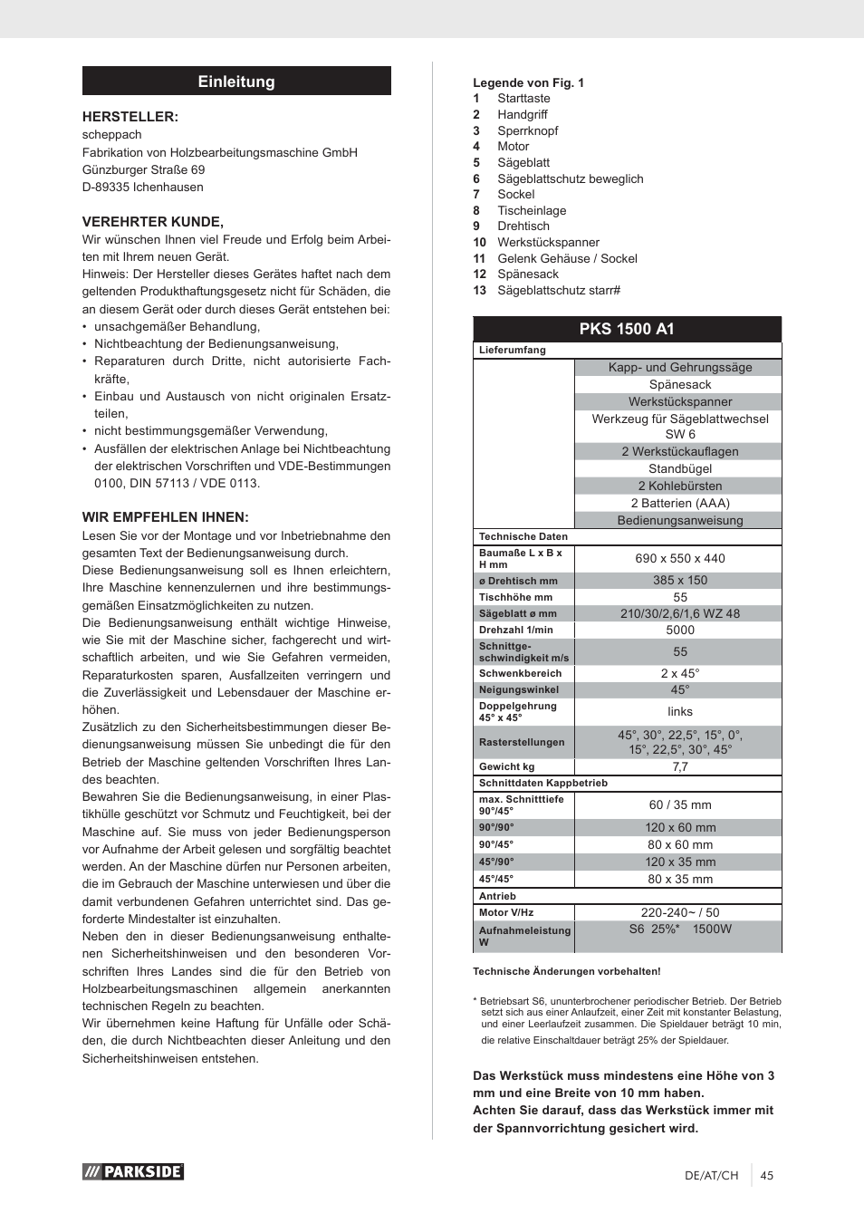 Einleitung | Parkside PKS 1500 A1 User Manual | Page 50 / 64