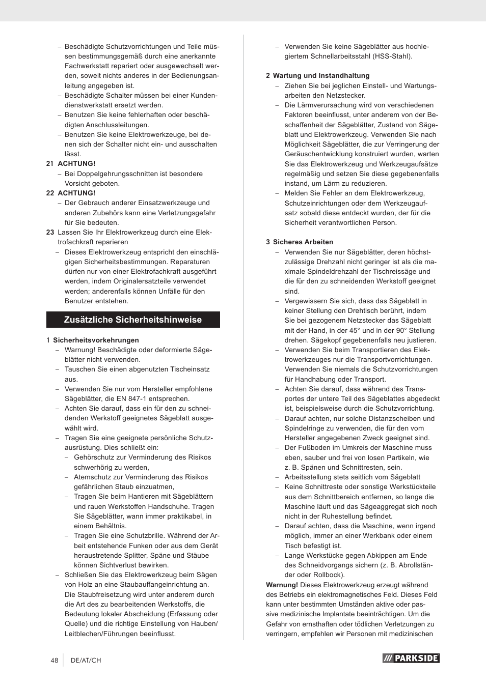 Zusätzliche sicherheitshinweise | Parkside PKS 1500 A1 User Manual | Page 53 / 64