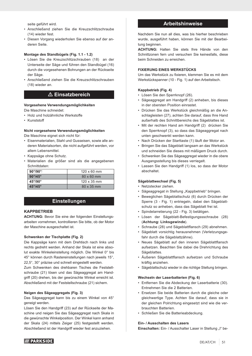 Meinsatzbereich, Einstellungen, Arbeitshinweise | Parkside PKS 1500 A1 User Manual | Page 56 / 64