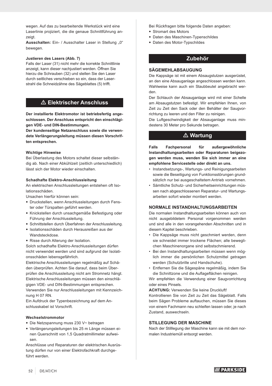 Melektrischer anschluss, Zubehör, Mwartung | Parkside PKS 1500 A1 User Manual | Page 57 / 64