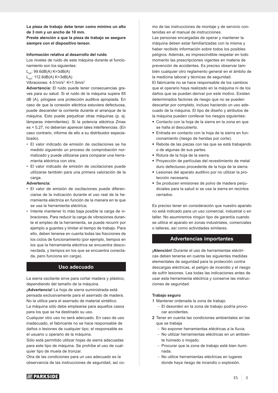 Uso adecuado, Advertencias importantes | Parkside PKS 1500 A1 User Manual | Page 8 / 64