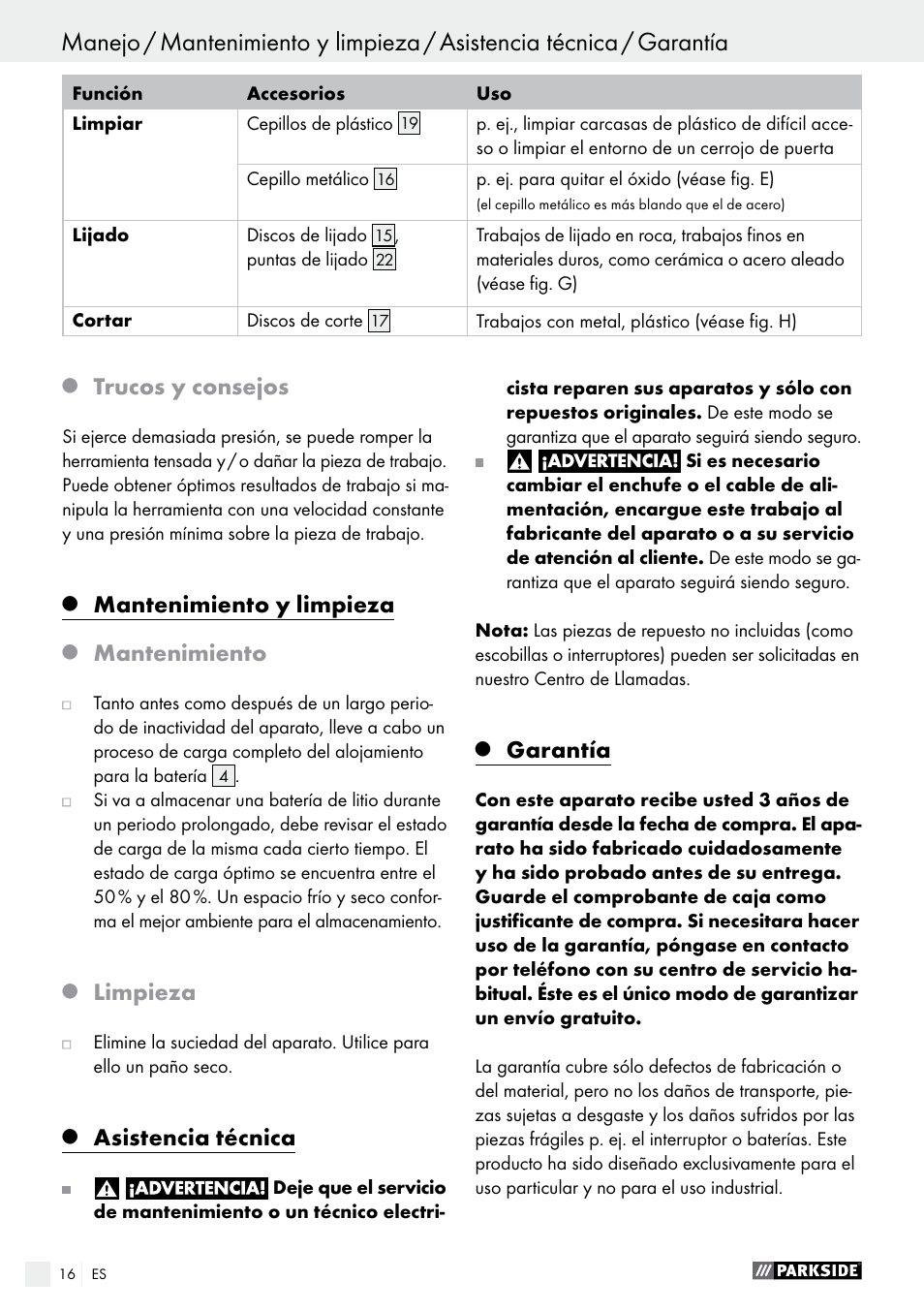 Trucos y consejos, Mantenimiento y limpieza, Mantenimiento | Limpieza, Asistencia técnica, Garantía | Parkside PFBS 10.8 A1 User Manual | Page 16 / 73