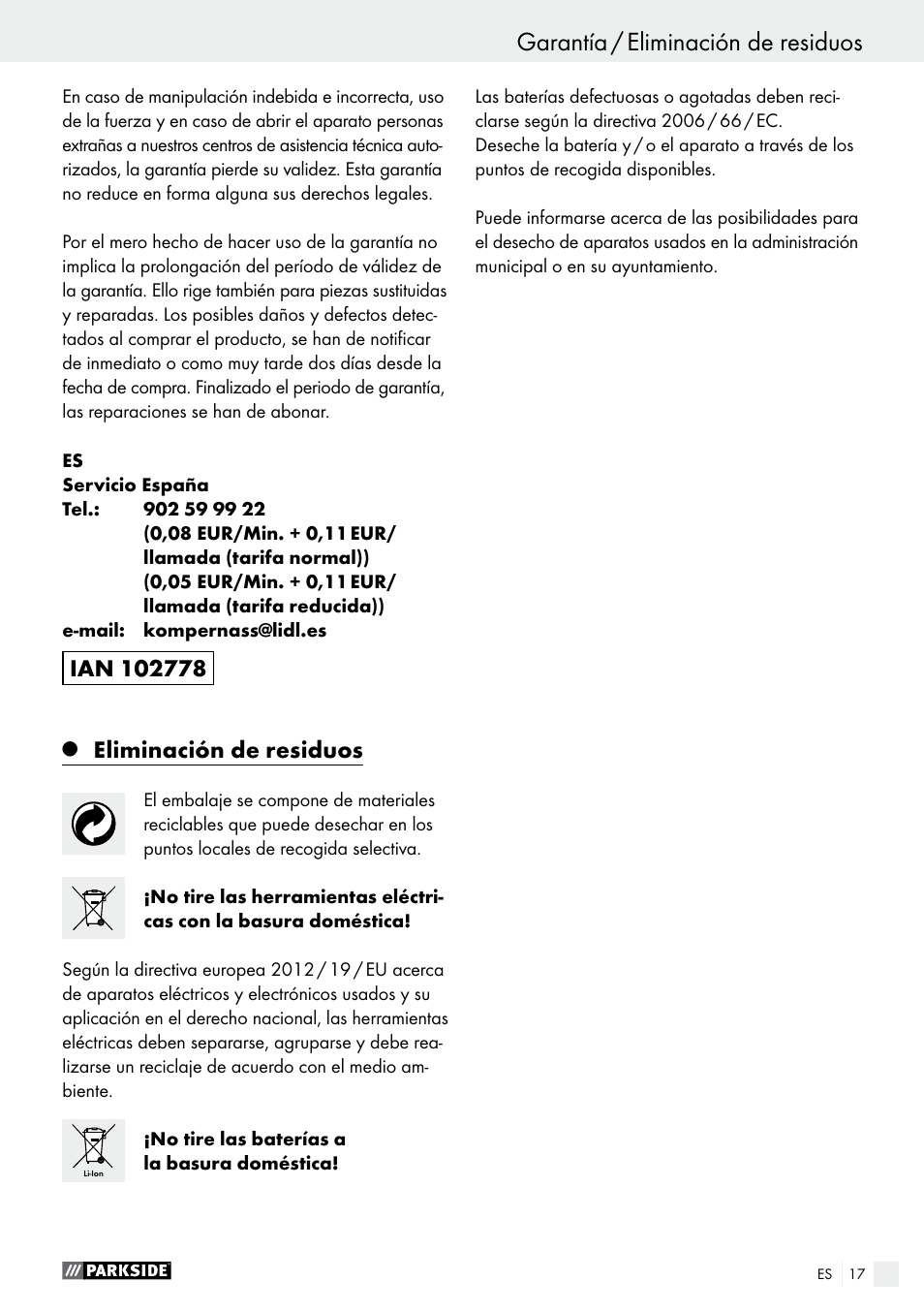 Eliminación de residuos | Parkside PFBS 10.8 A1 User Manual | Page 17 / 73