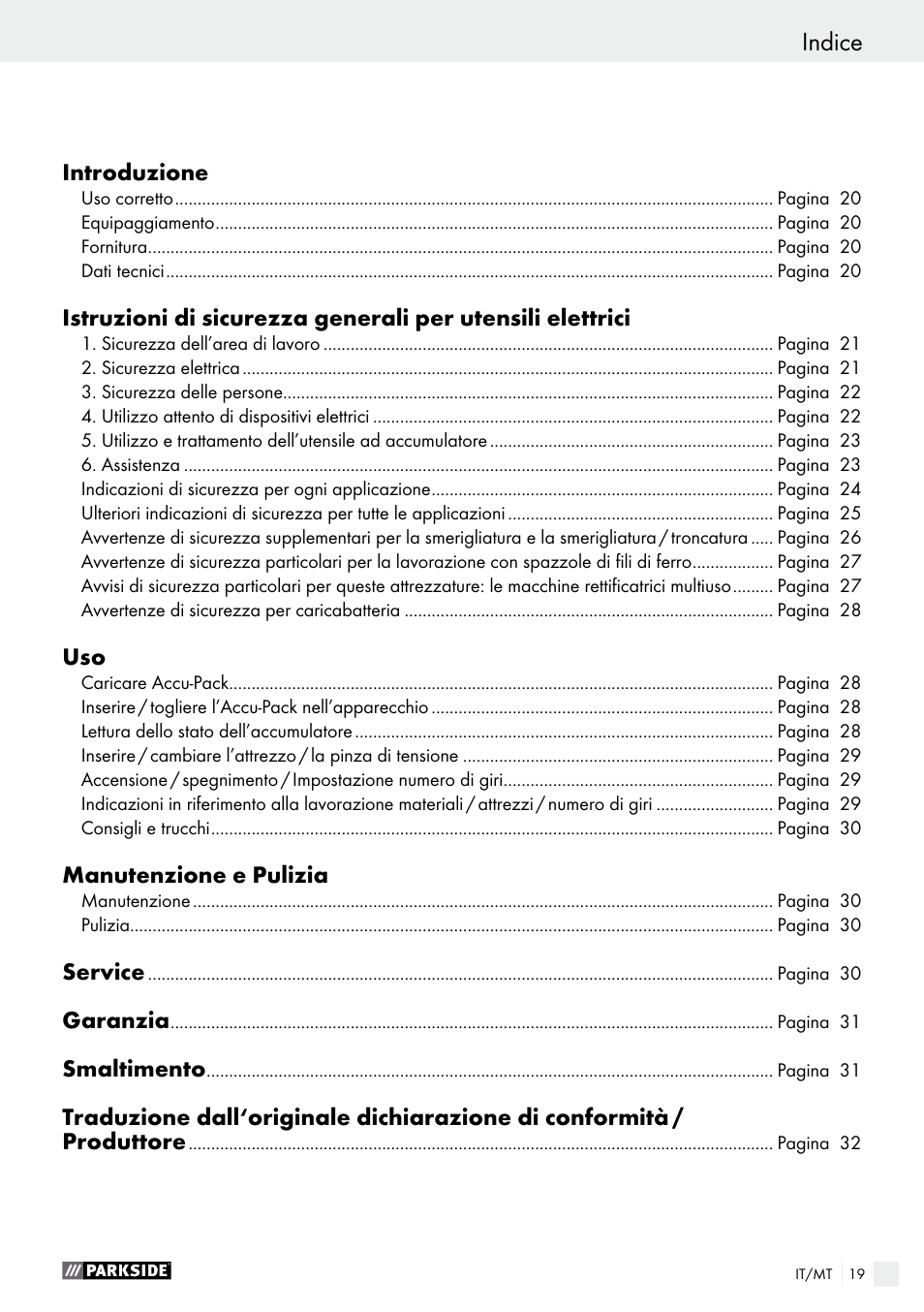 Indice | Parkside PFBS 10.8 A1 User Manual | Page 19 / 73