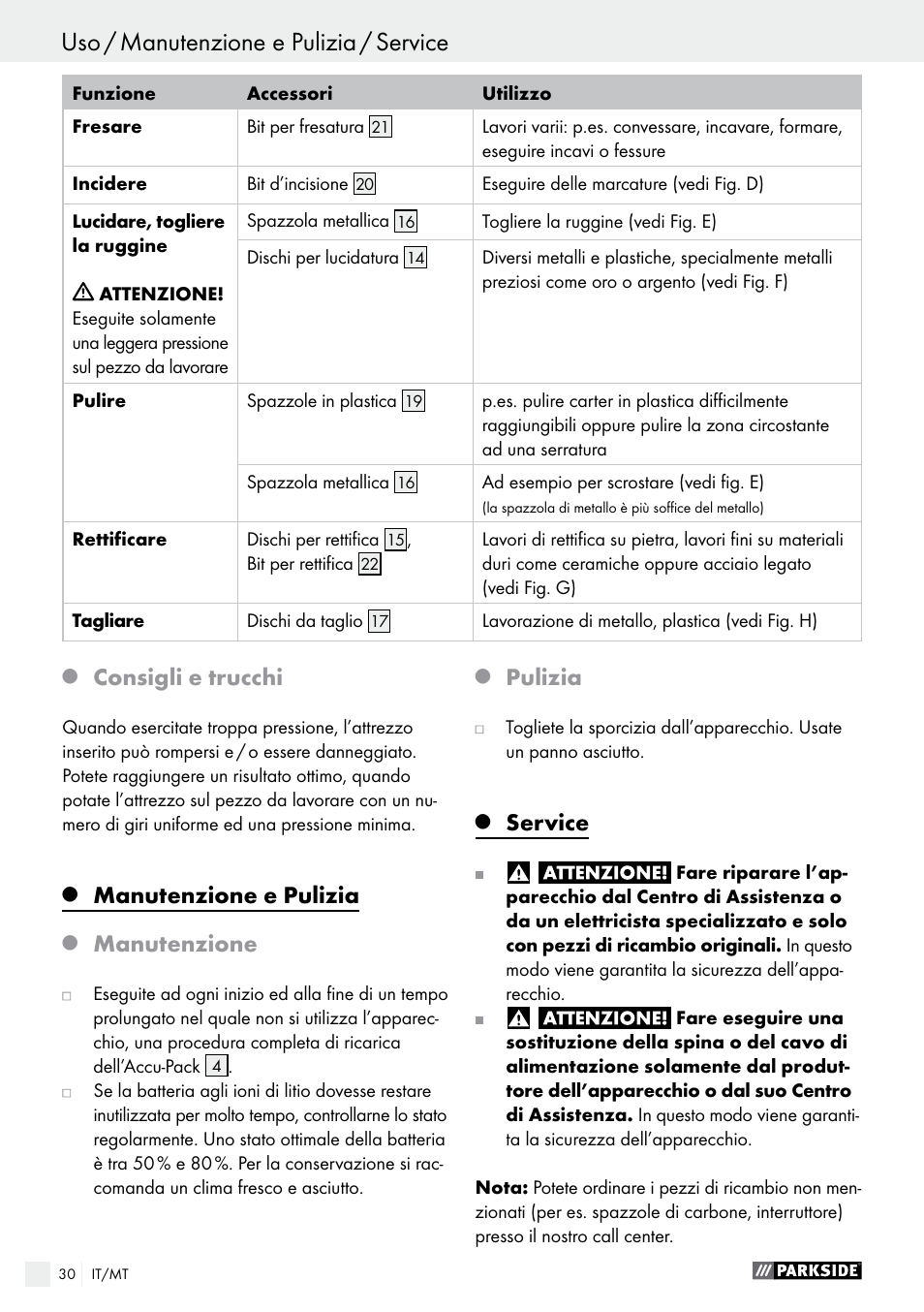 Consigli e trucchi, Manutenzione e pulizia, Manutenzione | Pulizia, Service | Parkside PFBS 10.8 A1 User Manual | Page 30 / 73