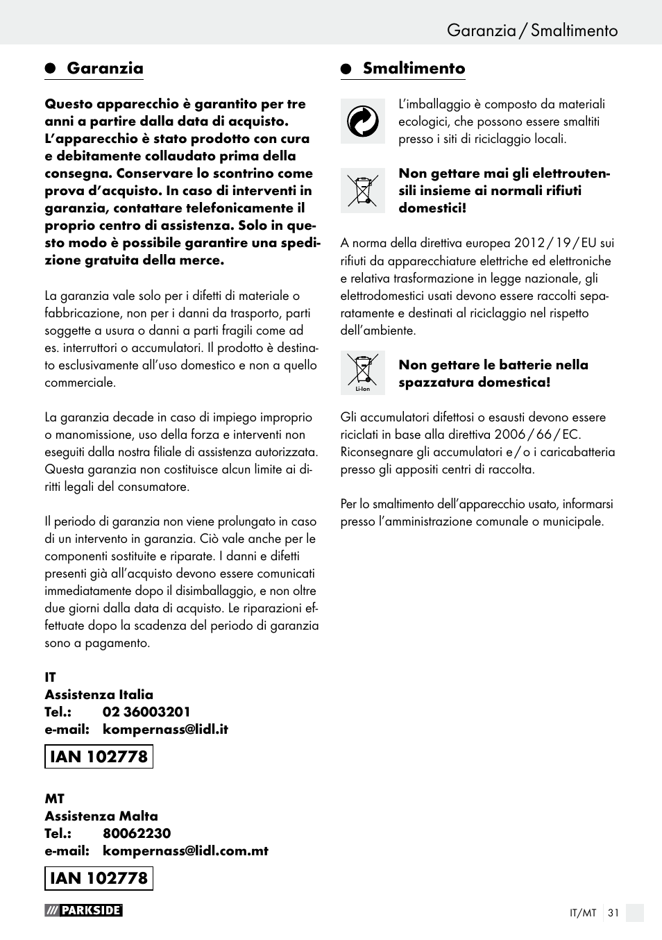 Garanzia, Smaltimento | Parkside PFBS 10.8 A1 User Manual | Page 31 / 73