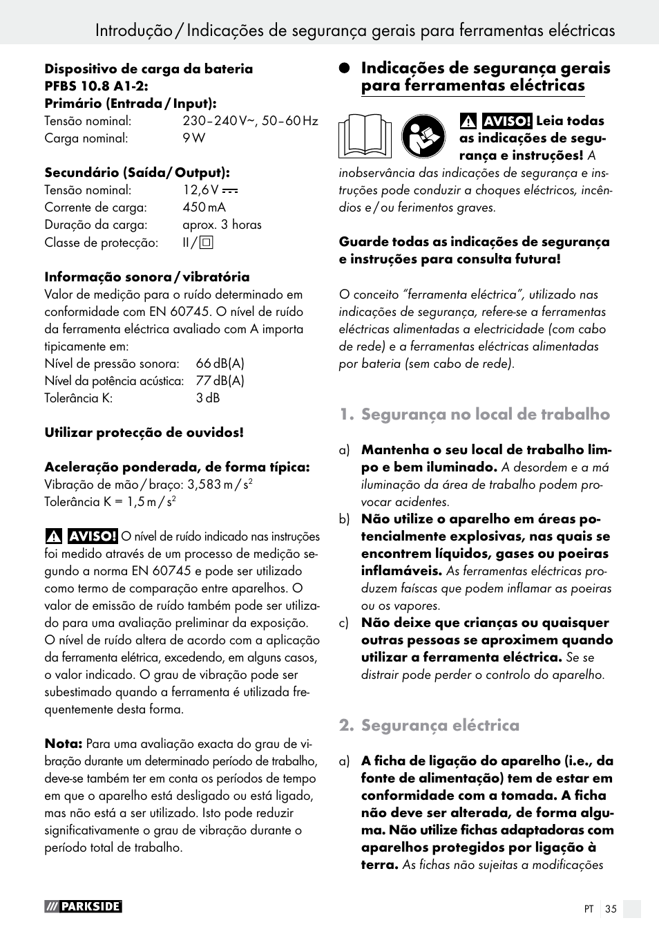 Segurança no local de trabalho, Segurança eléctrica | Parkside PFBS 10.8 A1 User Manual | Page 35 / 73