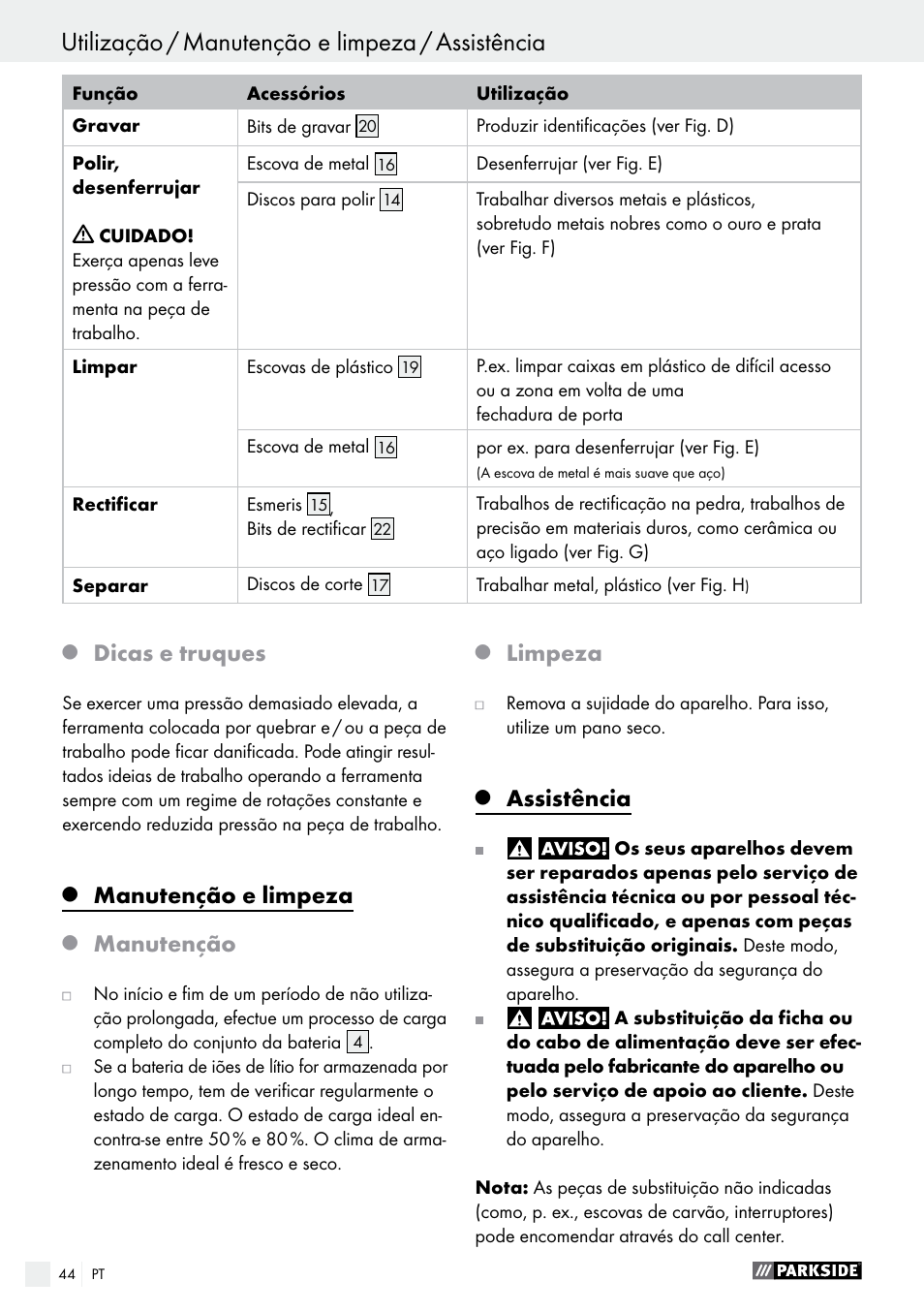 Dicas e truques, Manutenção e limpeza, Manutenção | Limpeza, Assistência | Parkside PFBS 10.8 A1 User Manual | Page 44 / 73