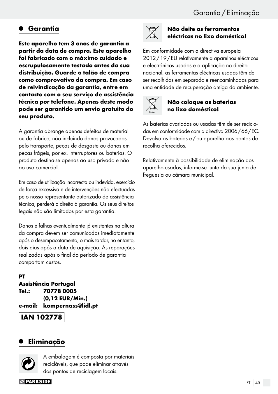 Garantia, Eliminação | Parkside PFBS 10.8 A1 User Manual | Page 45 / 73