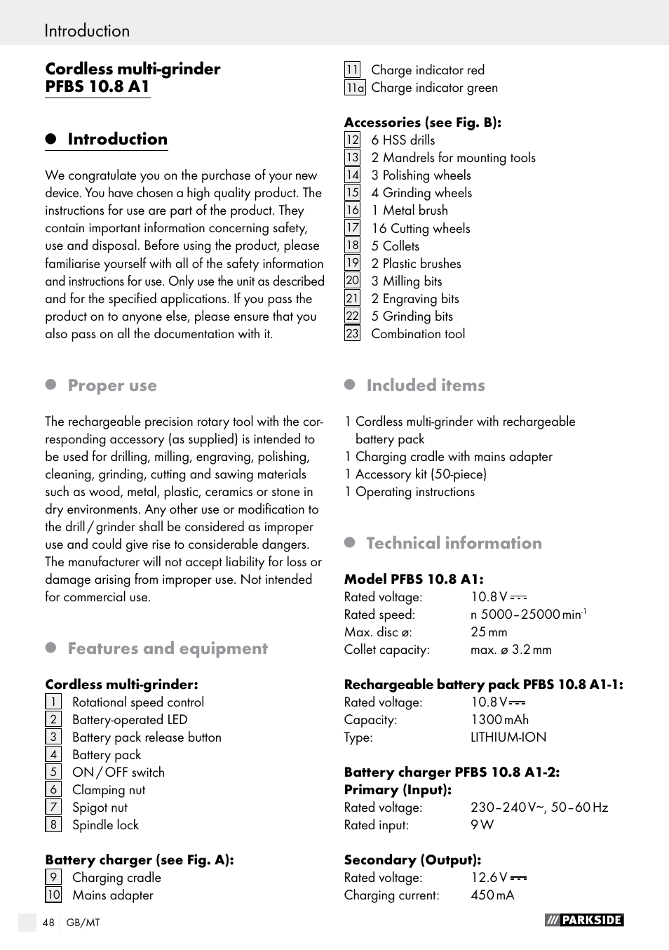Cordless multi-grinder pfbs 10.8 a1, Introduction, Proper use | Features and equipment, Included items, Technical information | Parkside PFBS 10.8 A1 User Manual | Page 48 / 73