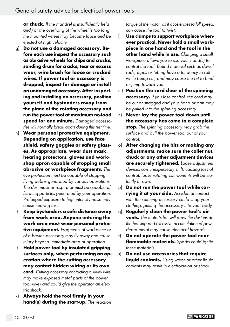 General safety advice for electrical power tools | Parkside PFBS 10.8 A1 User Manual | Page 52 / 73