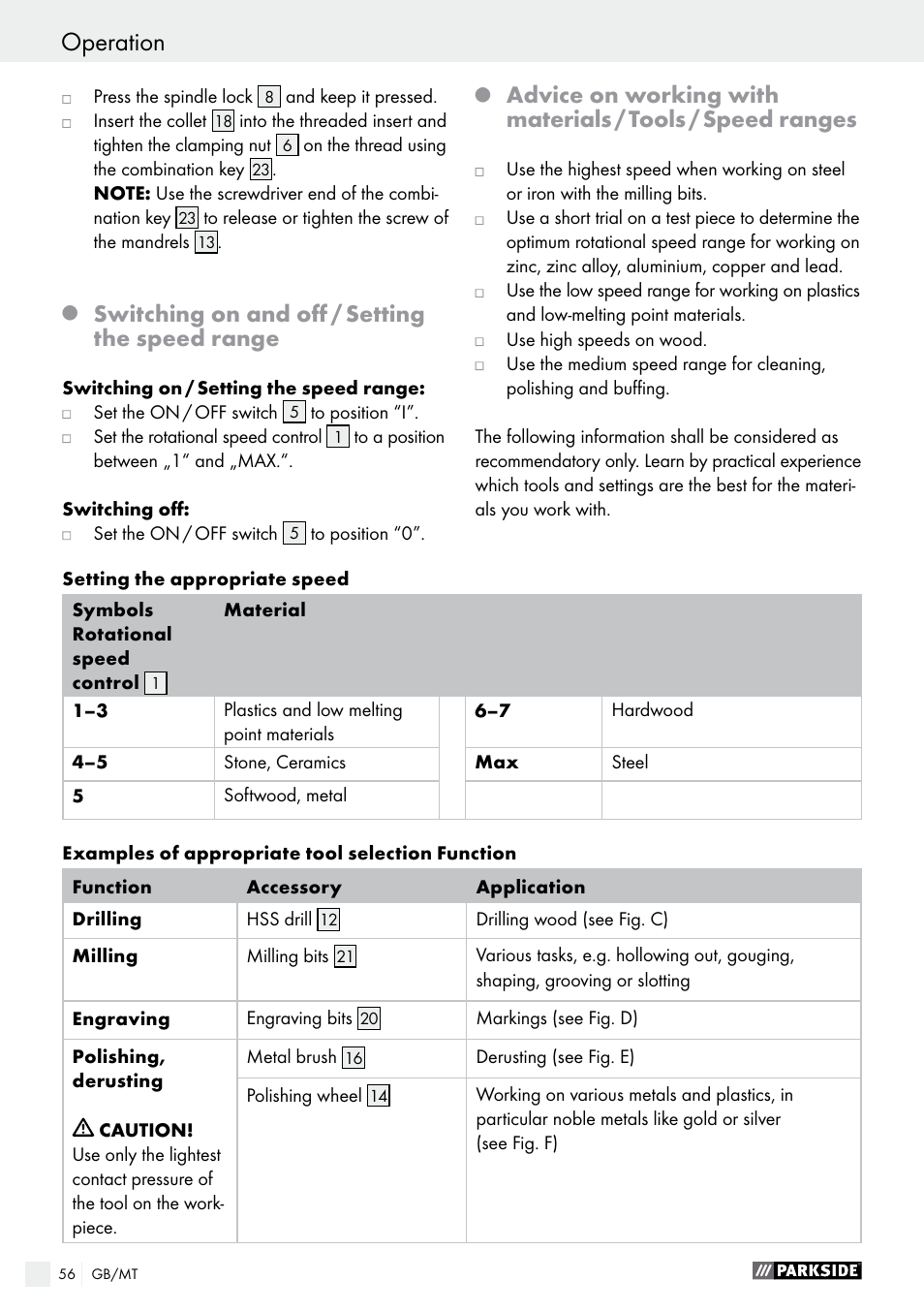 Switching on and off / setting the speed range | Parkside PFBS 10.8 A1 User Manual | Page 56 / 73