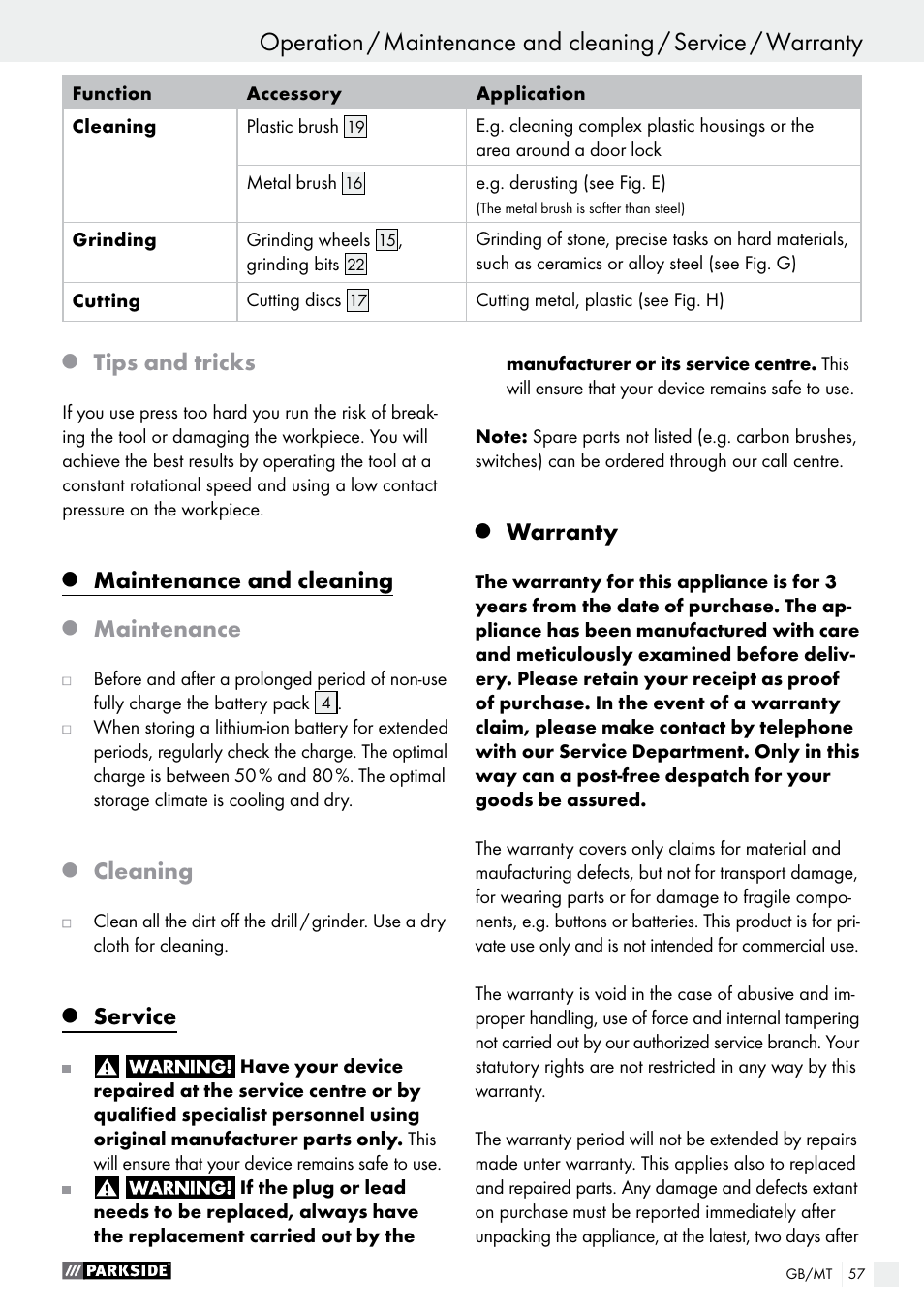 Tips and tricks, Maintenance and cleaning, Maintenance | Cleaning, Service, Warranty | Parkside PFBS 10.8 A1 User Manual | Page 57 / 73