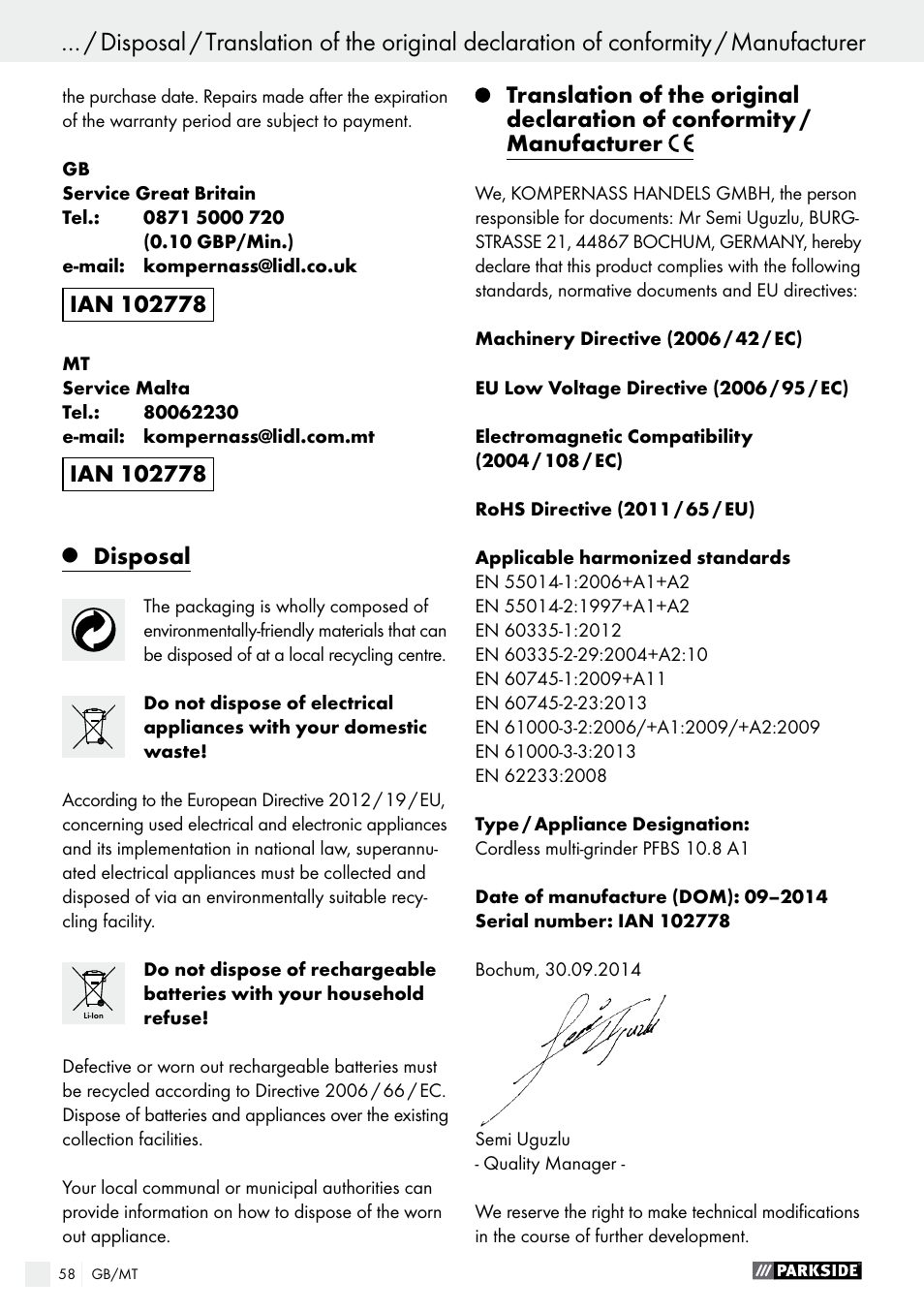 Parkside PFBS 10.8 A1 User Manual | Page 58 / 73