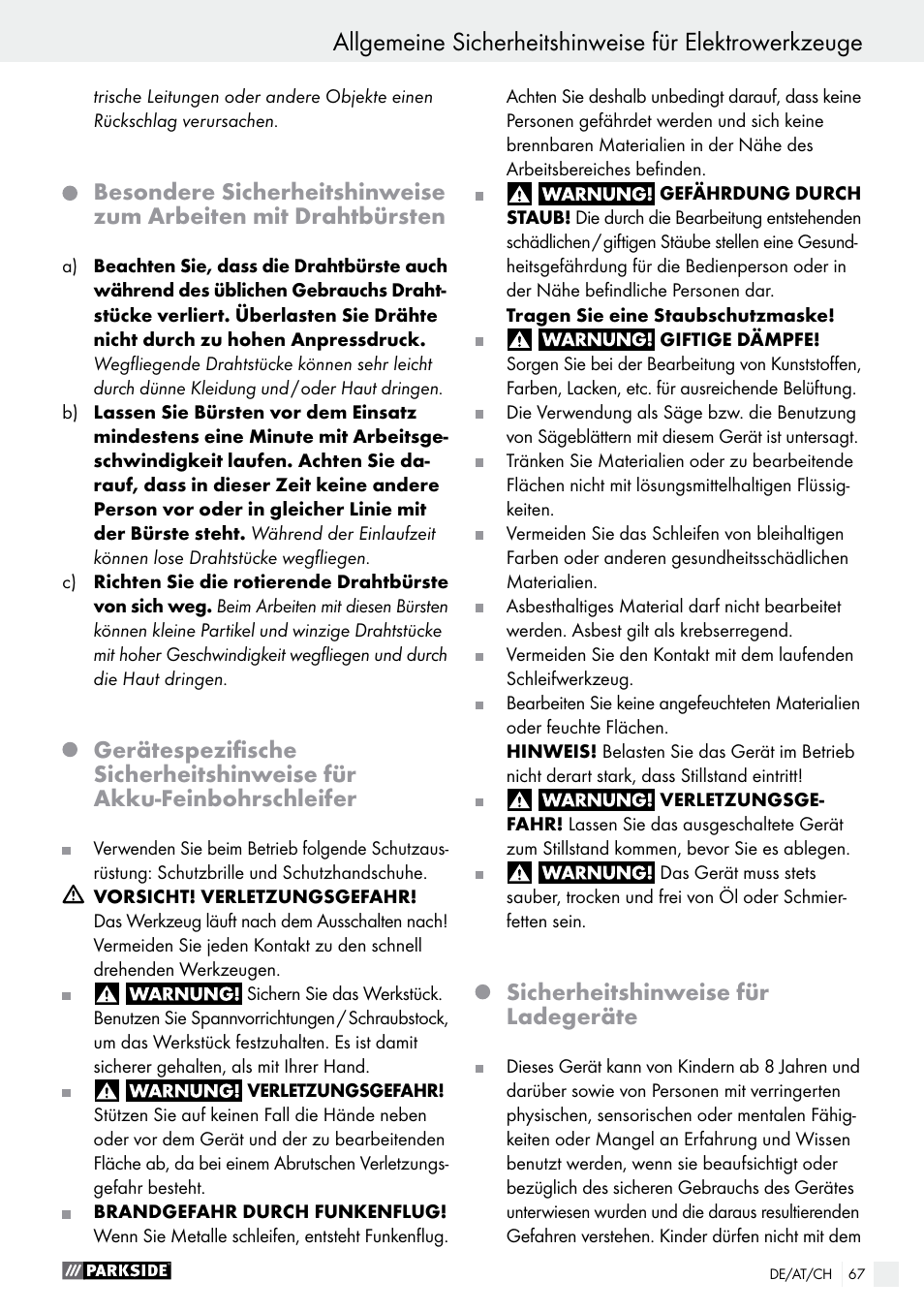 Sicherheitshinweise für ladegeräte | Parkside PFBS 10.8 A1 User Manual | Page 67 / 73