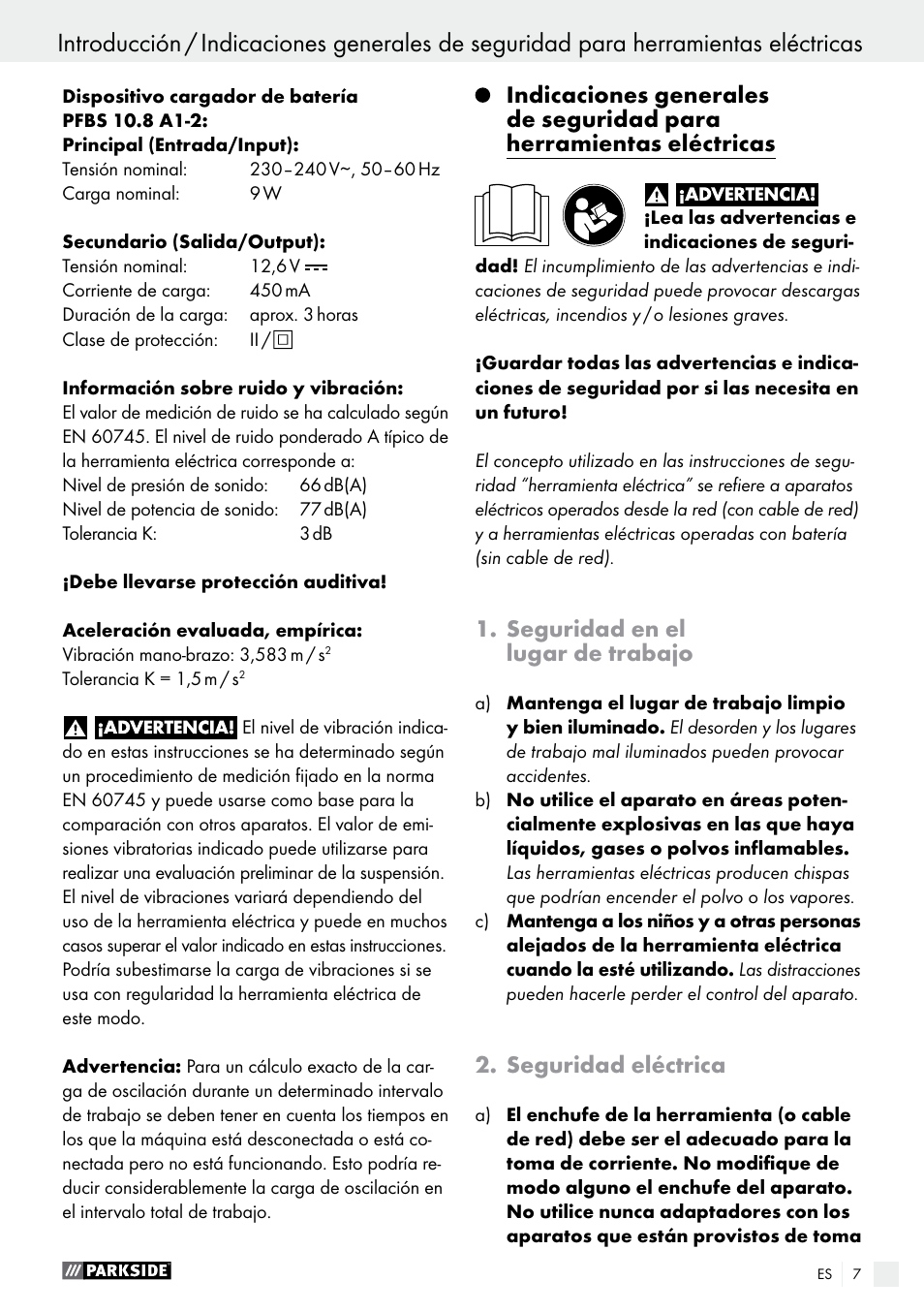 Seguridad en el lugar de trabajo, Seguridad eléctrica | Parkside PFBS 10.8 A1 User Manual | Page 7 / 73