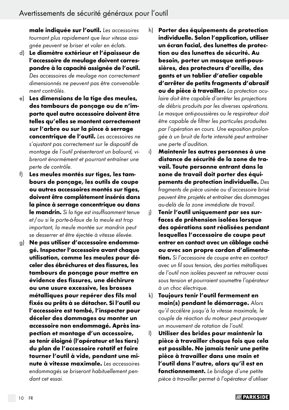 Avertissements de sécurité généraux pour l’outil | Parkside PFBS 10.8 A1 User Manual | Page 10 / 45