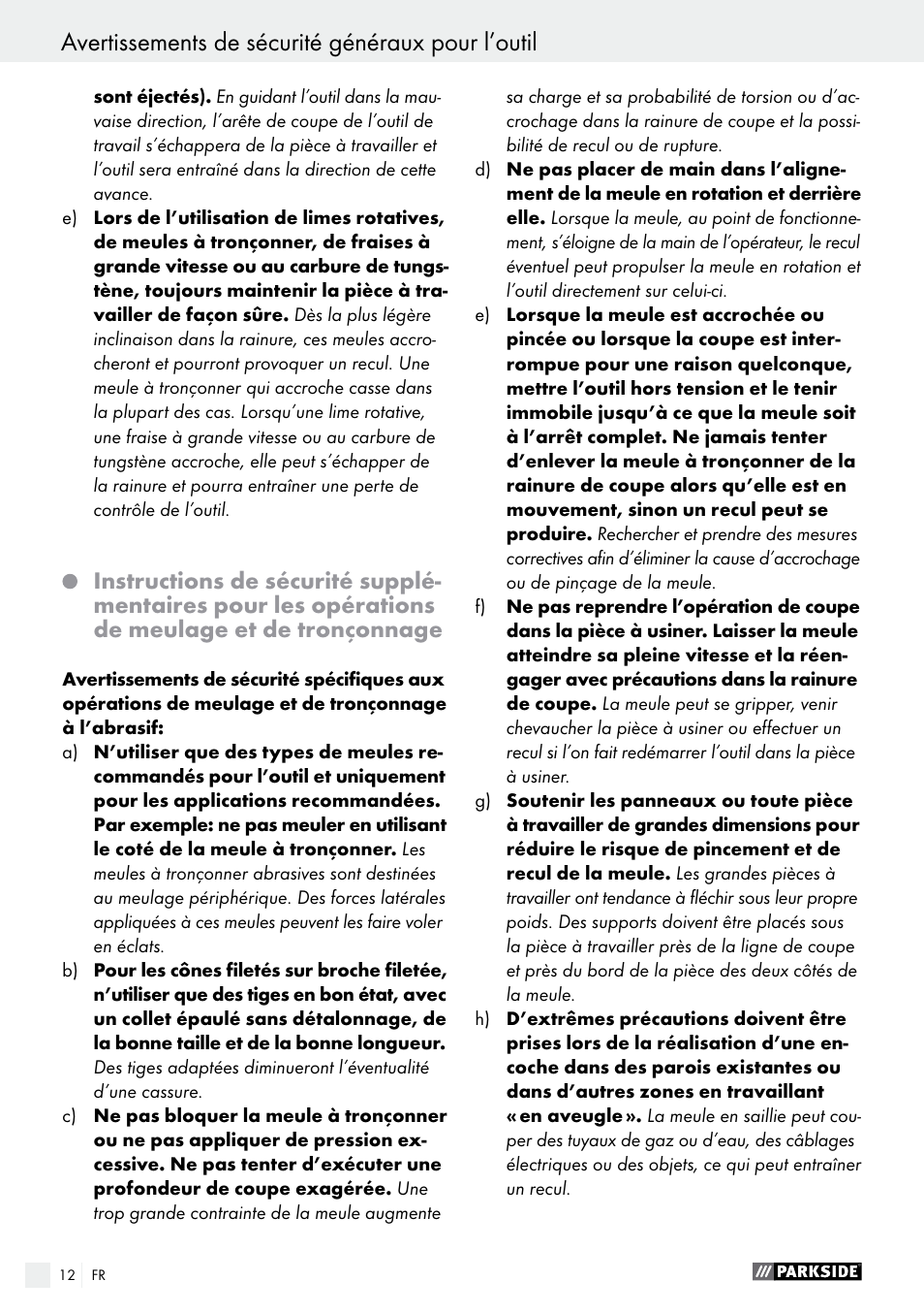 Avertissements de sécurité généraux pour l’outil | Parkside PFBS 10.8 A1 User Manual | Page 12 / 45
