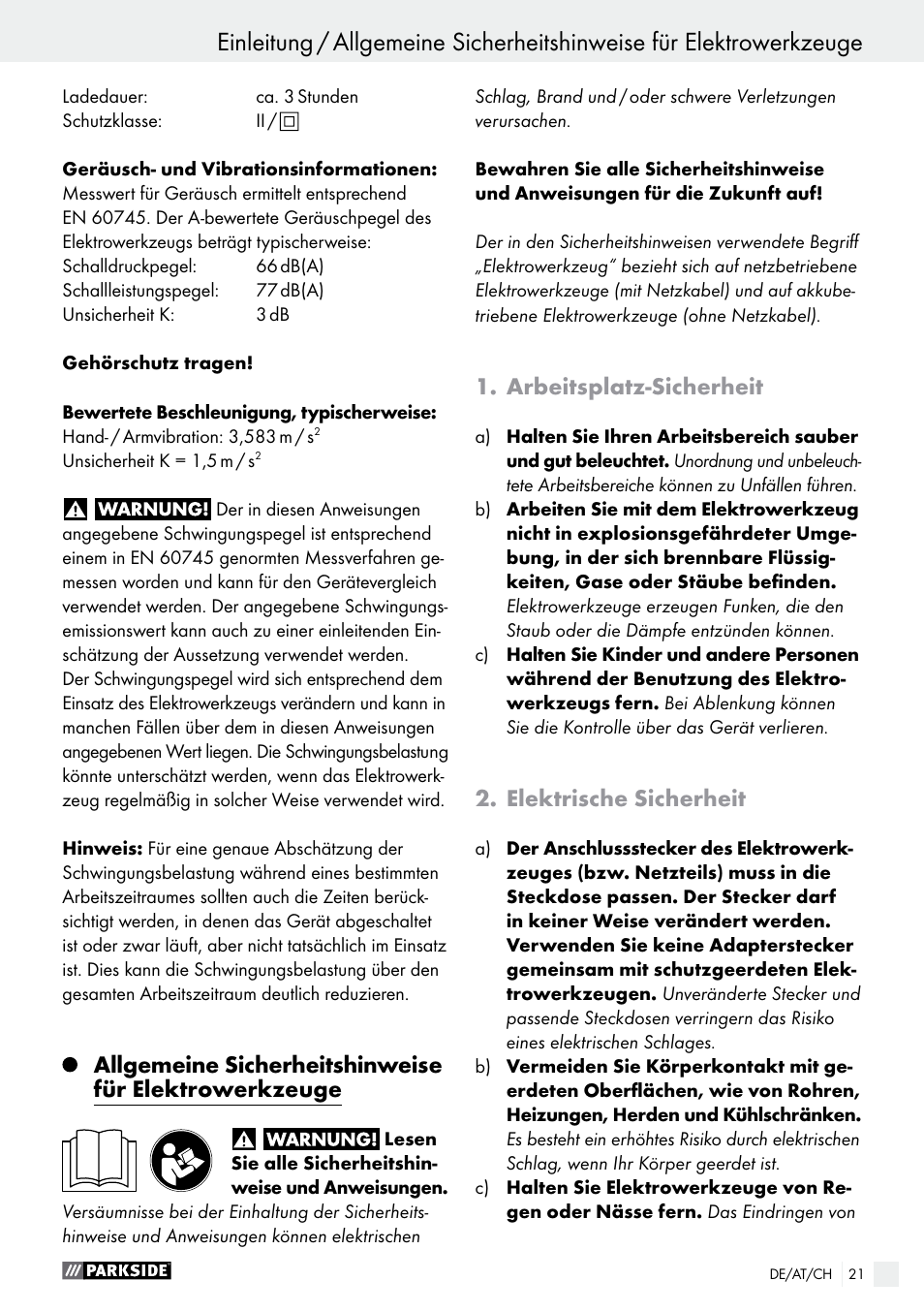 Einleitung, Arbeitsplatz-sicherheit, Elektrische sicherheit | Parkside PFBS 10.8 A1 User Manual | Page 21 / 45