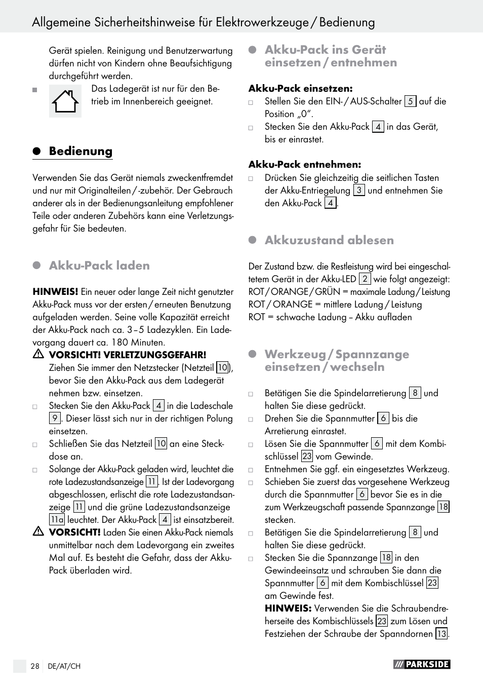 Bedienung, Akku-pack laden, Akku-pack ins gerät einsetzen / entnehmen | Akkuzustand ablesen, Werkzeug / spannzange einsetzen / wechseln | Parkside PFBS 10.8 A1 User Manual | Page 28 / 45