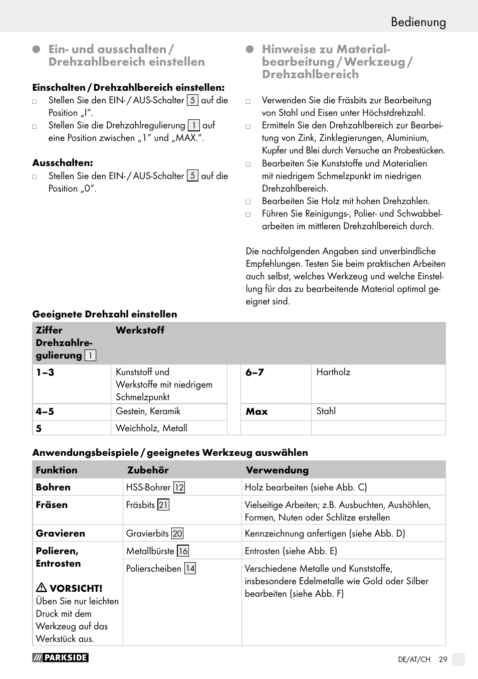Ein- und ausschalten / drehzahlbereich einstellen | Parkside PFBS 10.8 A1 User Manual | Page 29 / 45