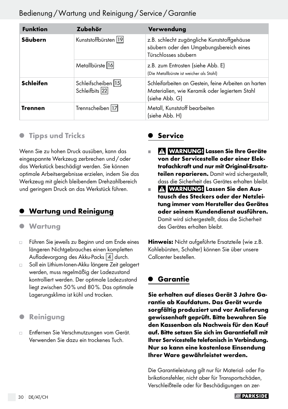 Garantie / entsorgung, Tipps und tricks, Wartung und reinigung | Wartung, Reinigung, Service, Garantie | Parkside PFBS 10.8 A1 User Manual | Page 30 / 45