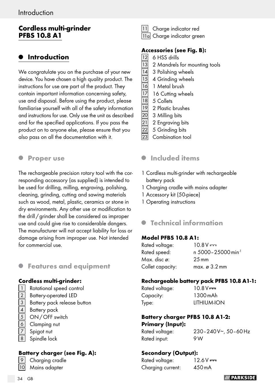 Cordless multi-grinder pfbs 10.8 a1, Introduction, Proper use | Features and equipment, Included items, Technical information | Parkside PFBS 10.8 A1 User Manual | Page 34 / 45
