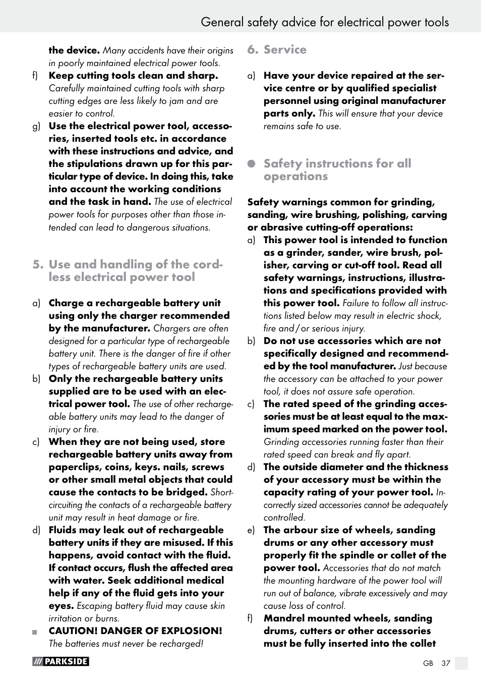General safety advice for electrical power tools | Parkside PFBS 10.8 A1 User Manual | Page 37 / 45