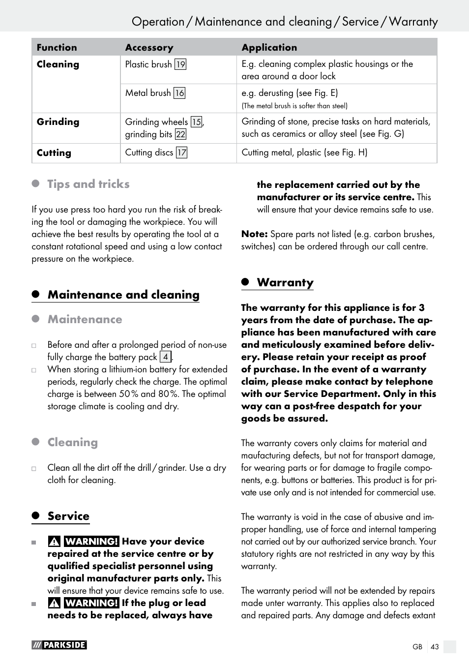 Tips and tricks, Maintenance and cleaning, Maintenance | Cleaning, Service, Warranty | Parkside PFBS 10.8 A1 User Manual | Page 43 / 45