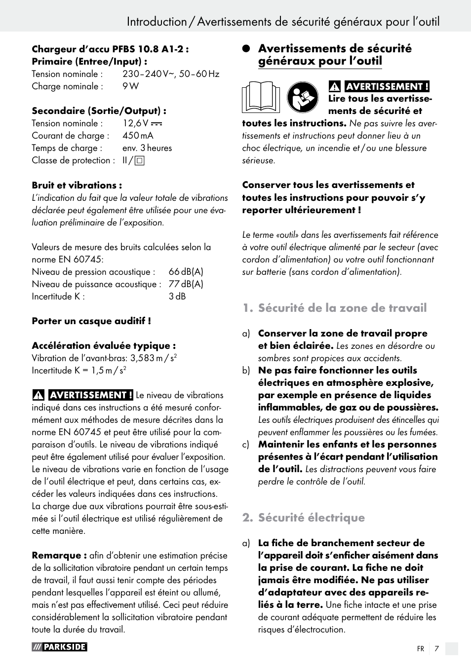 Avertissements de sécurité généraux pour l’outil, Sécurité de la zone de travail, Sécurité électrique | Parkside PFBS 10.8 A1 User Manual | Page 7 / 45