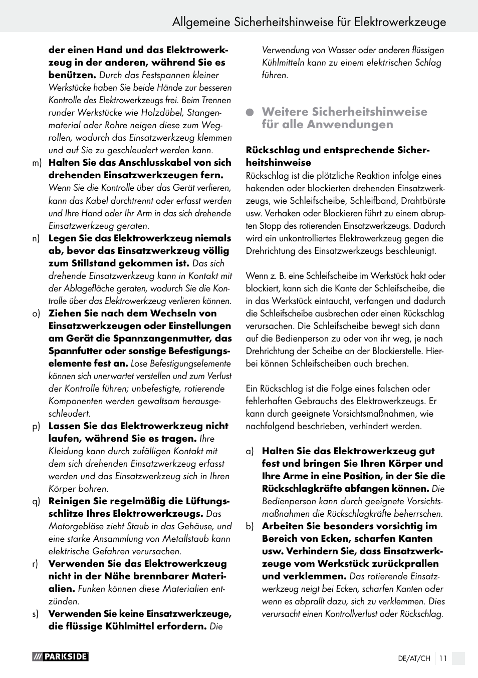 Weitere sicherheitshinweise für alle anwendungen | Parkside PFBS 10.8 A1 User Manual | Page 11 / 59