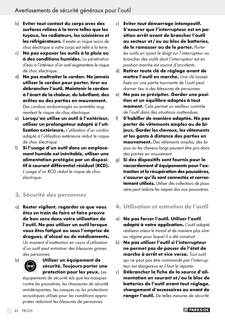 Avertissements de sécurité généraux pour l’outil, Sécurité des personnes, Utilisation et entretien de l’outil | Parkside PFBS 10.8 A1 User Manual | Page 22 / 59