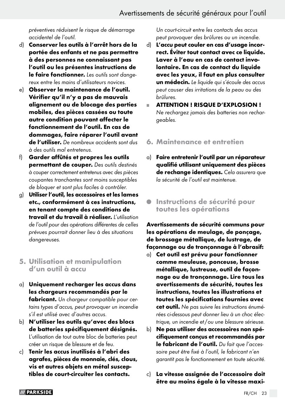 Avertissements de sécurité généraux pour l’outil | Parkside PFBS 10.8 A1 User Manual | Page 23 / 59