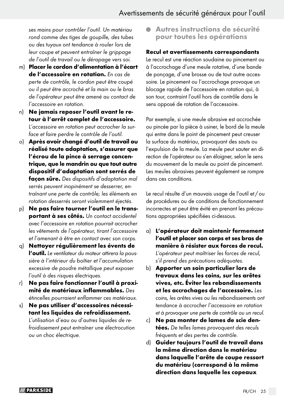 Avertissements de sécurité généraux pour l’outil | Parkside PFBS 10.8 A1 User Manual | Page 25 / 59