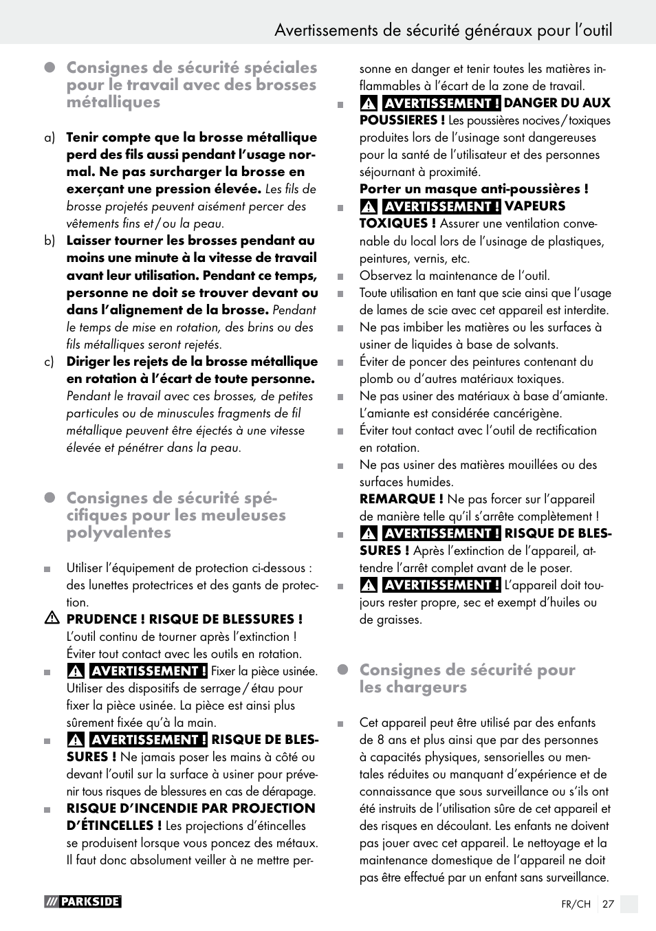 Avertissements de sécurité généraux pour l’outil, Consignes de sécurité pour les chargeurs | Parkside PFBS 10.8 A1 User Manual | Page 27 / 59