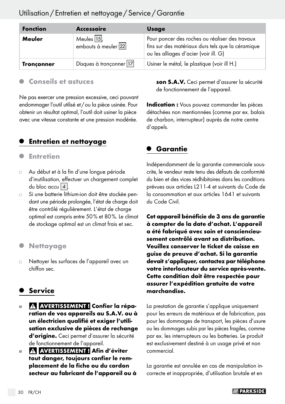 Conseils et astuces, Entretien et nettoyage, Entretien | Nettoyage, Service, Garantie | Parkside PFBS 10.8 A1 User Manual | Page 30 / 59