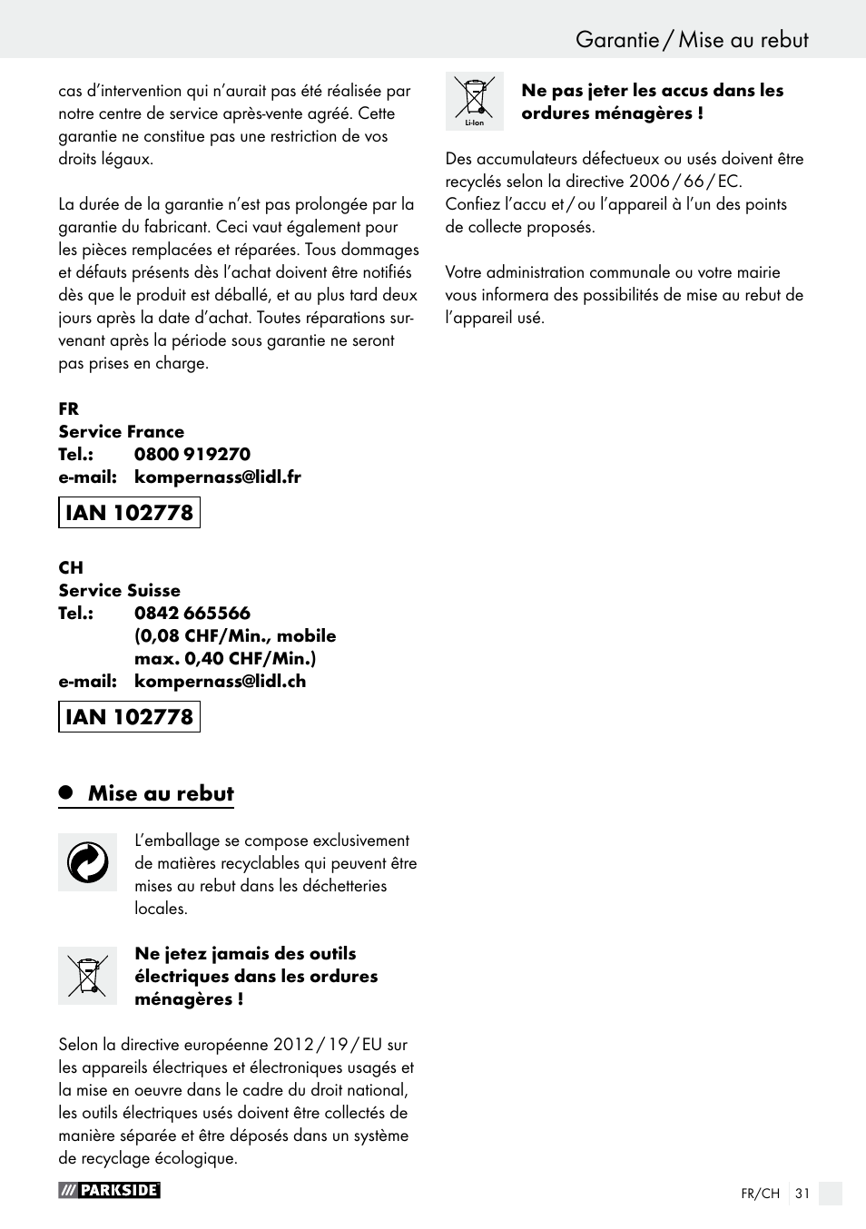 Garantie / mise au rebut, Mise au rebut | Parkside PFBS 10.8 A1 User Manual | Page 31 / 59