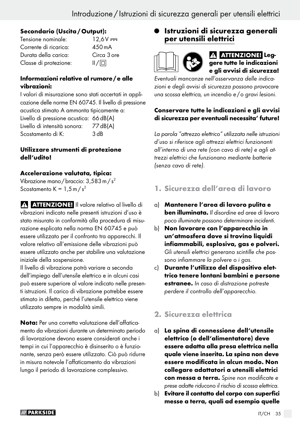 Sicurezza dell’area di lavoro, Sicurezza elettrica | Parkside PFBS 10.8 A1 User Manual | Page 35 / 59