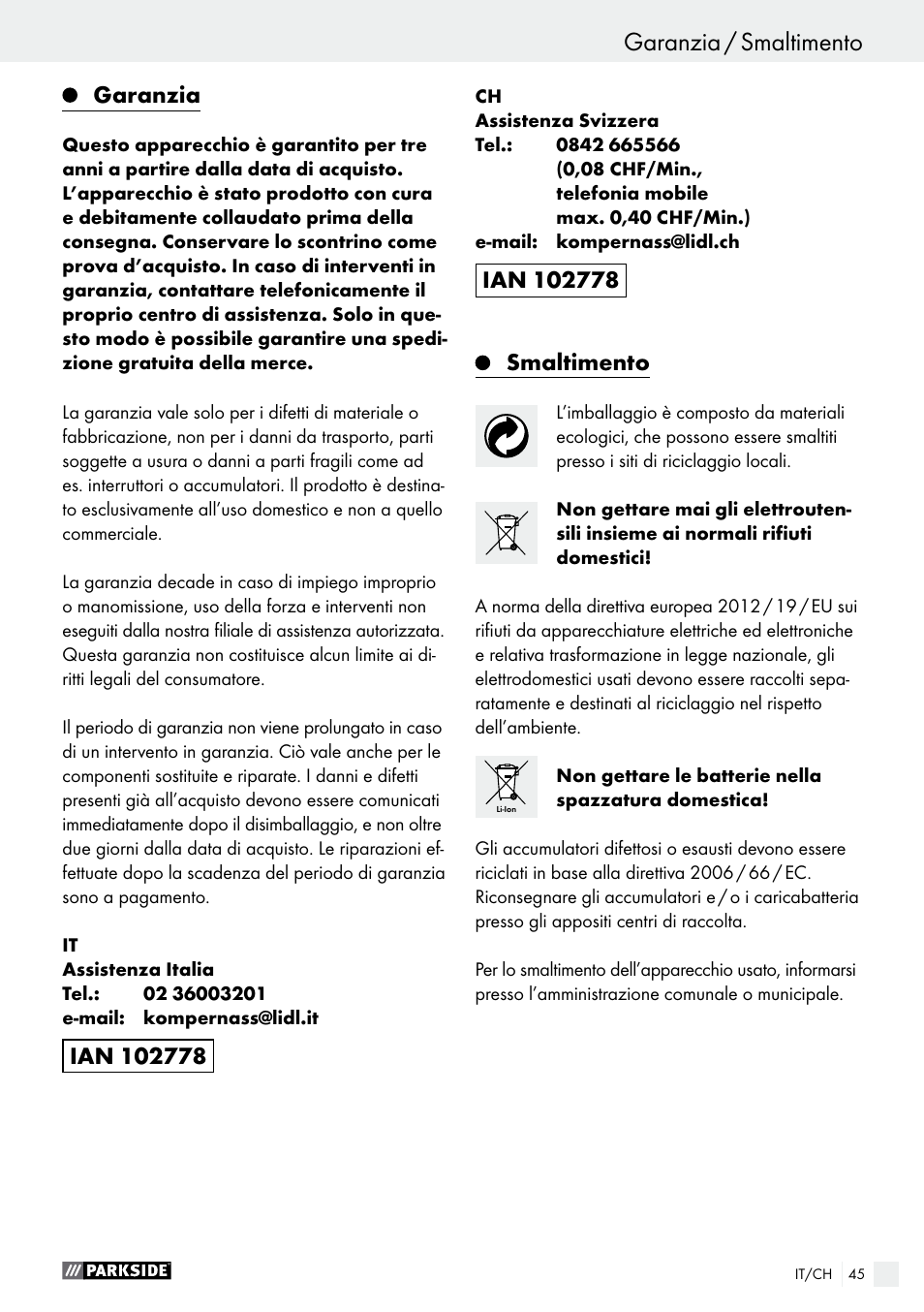 Garanzia, Smaltimento | Parkside PFBS 10.8 A1 User Manual | Page 45 / 59