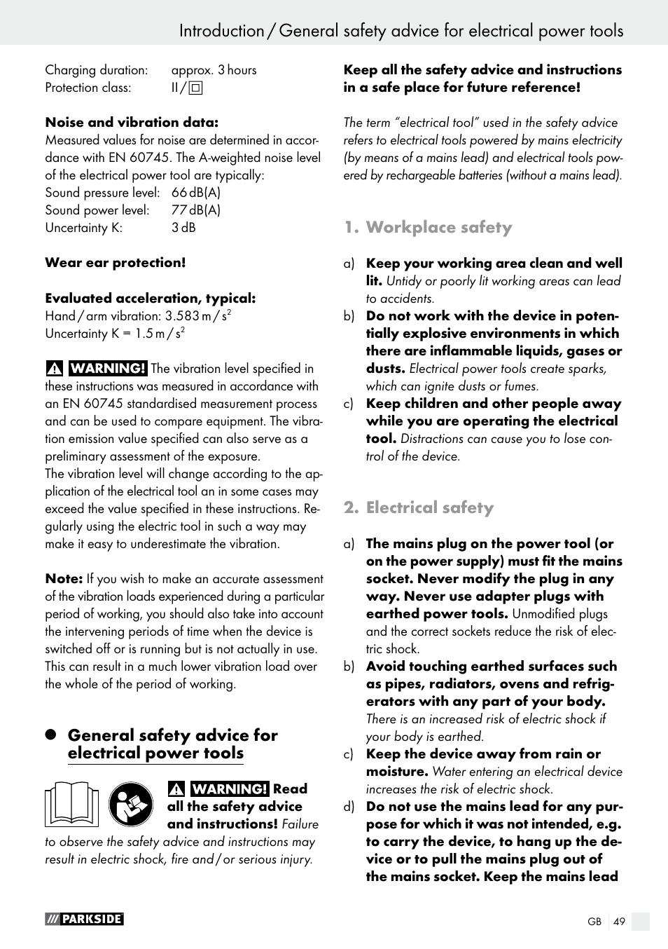 General safety advice for electrical power tools, Workplace safety, Electrical safety | Parkside PFBS 10.8 A1 User Manual | Page 49 / 59