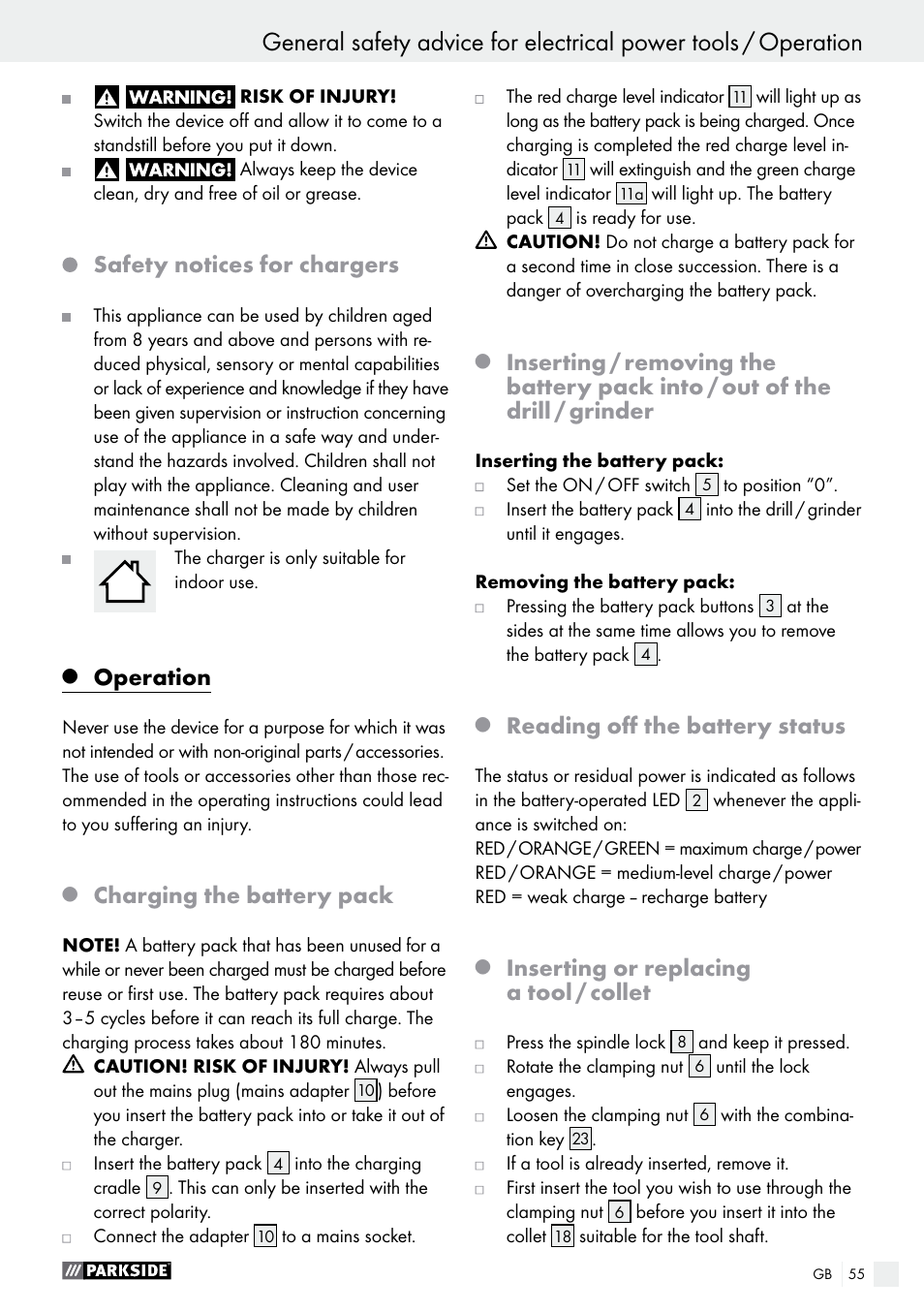 Safety notices for chargers, Operation, Charging the battery pack | Reading off the battery status, Inserting or replacing a tool / collet | Parkside PFBS 10.8 A1 User Manual | Page 55 / 59