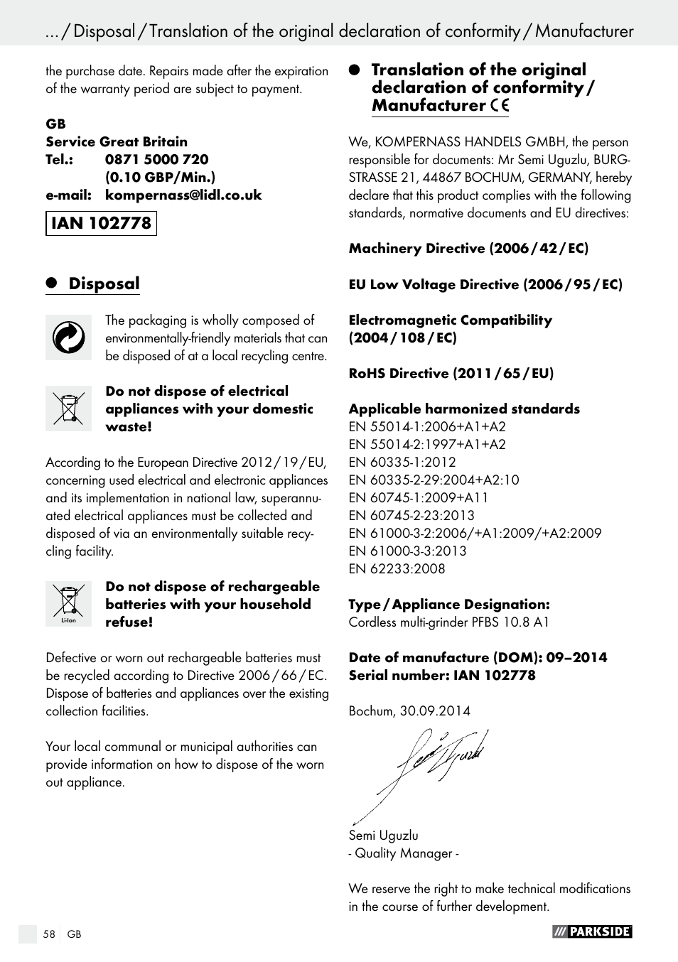 Disposal | Parkside PFBS 10.8 A1 User Manual | Page 58 / 59