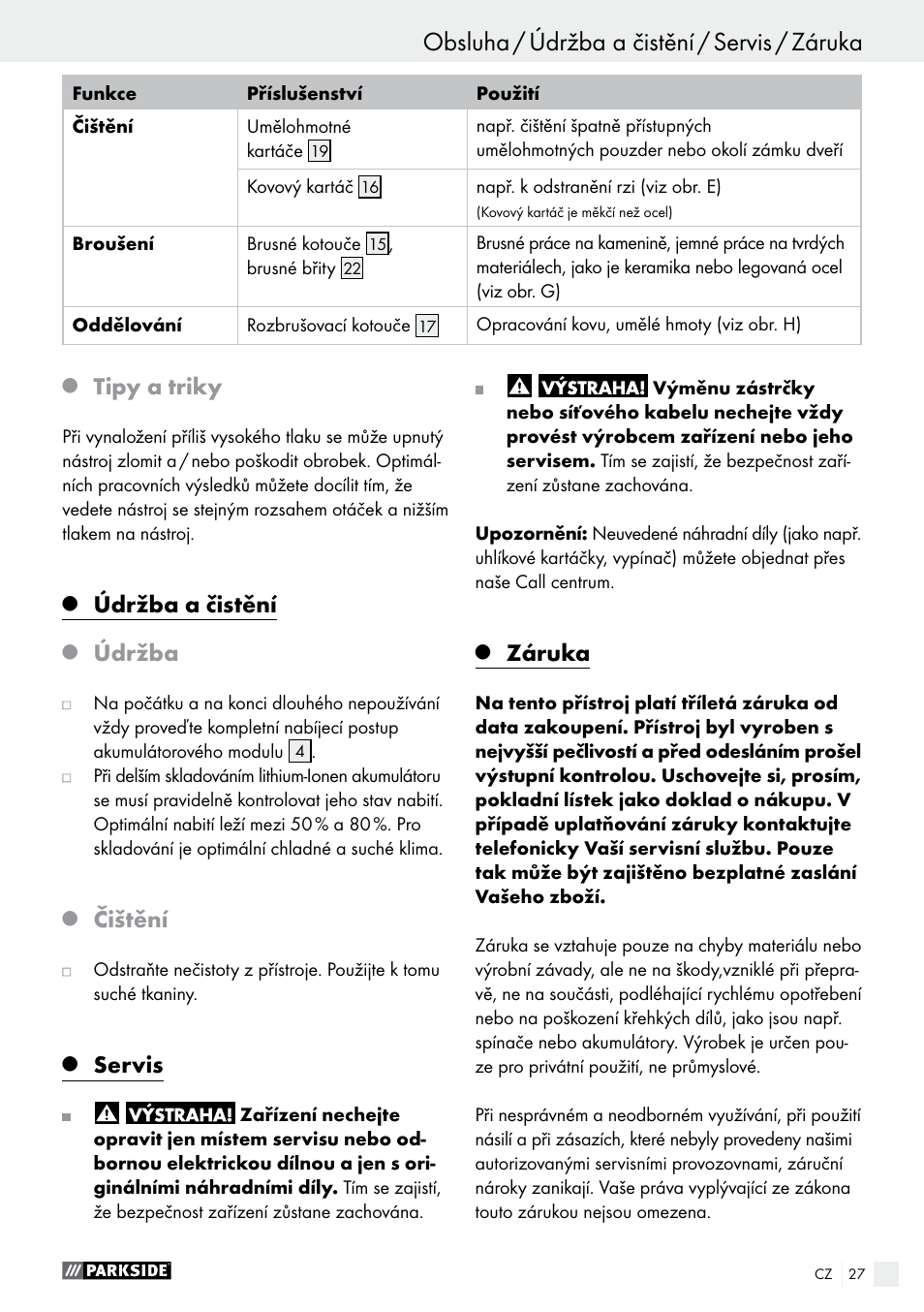 Tipy a triky, Údržba a čistění, Údržba | Čištění, Servis, Záruka | Parkside PFBS 10.8 A1 User Manual | Page 27 / 57