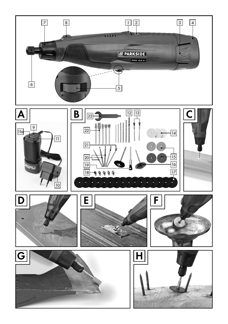 De f g h, Ac b | Parkside PFBS 10.8 A1 User Manual | Page 3 / 57