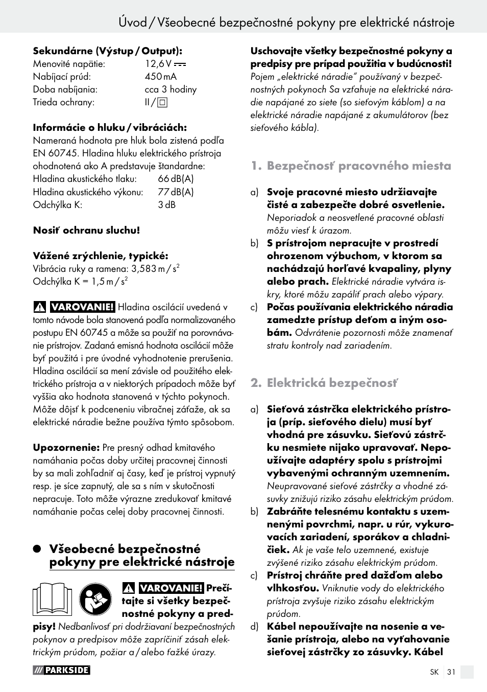 Úvod, Bezpečnosť pracovného miesta, Elektrická bezpečnosť | Parkside PFBS 10.8 A1 User Manual | Page 31 / 57