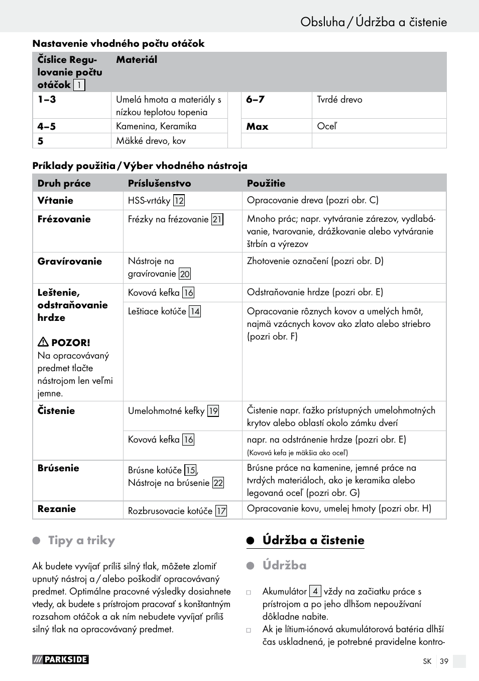 Obsluha obsluha / údržba a čistenie, Tipy a triky, Údržba a čistenie | Údržba | Parkside PFBS 10.8 A1 User Manual | Page 39 / 57