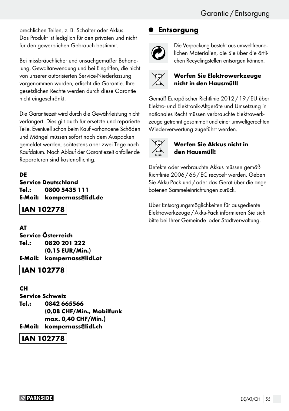 Entsorgung | Parkside PFBS 10.8 A1 User Manual | Page 55 / 57