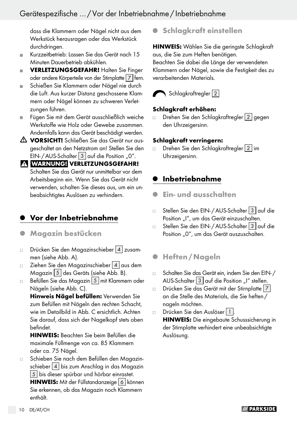 Vor der inbetriebnahme, Magazin bestücken, Schlagkraft einstellen | Inbetriebnahme, Ein- und ausschalten, Heften / nageln | Parkside PET 25 B1 User Manual | Page 10 / 36